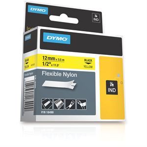 Dymo Rhino Nylon tape 18490, 12mm x 3,5m, sort på gul