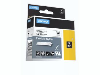 Labeltape DYMO Rhino 12mmx3,5m sort på hvid  nylon