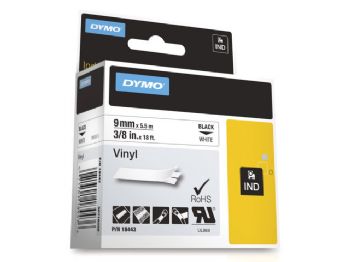 Labeltape DYMO Rhino 9mmx5,5m sort på hvid vinyl