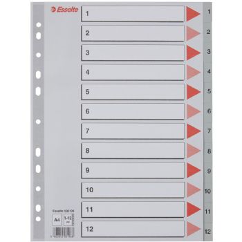 Faneblade/Registre, A4, Grå, 1-12, 1 sæt