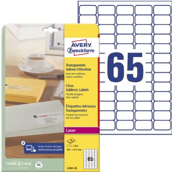 Avery L7551-25 etiket 38,1x21,2mm polyester transparent