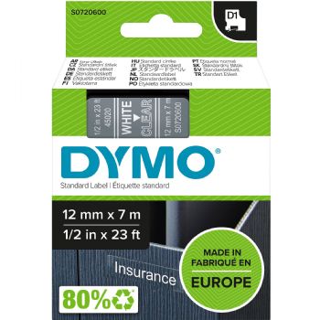 Dymo tape, 45020, 12mm x 7m Hvid på transparent