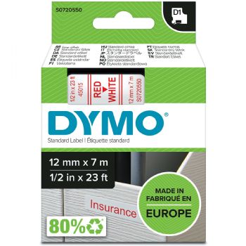 Dymo tape, 45015, 12mm x 7m Rød på hvid