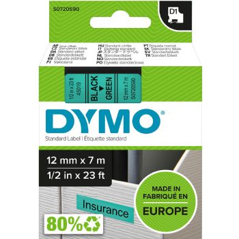 Dymo tape, 45019, 12mm x 7m Sort på grøn