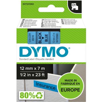 Dymo tape, 45016, 12mm x 7m Sort på blå