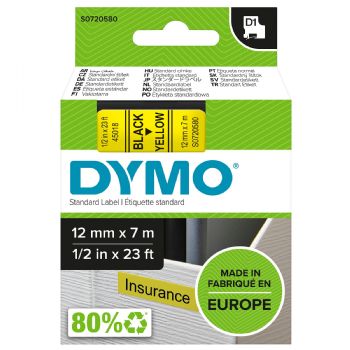 Dymo tape, 45018, 12mm x 7m Sort på gul