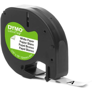 Dymo Letratag papirtape 12mmx4m sort/hvid