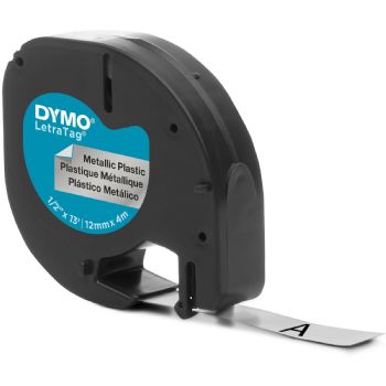 Dymo Letratag plasttape 12mm sort/sølv