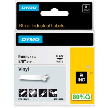 Dymo Rhino vinyltape 9mm sort/hvid