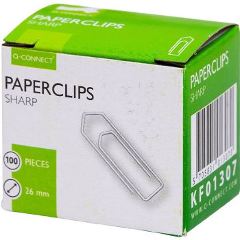 Papirclips 26 mm, Q-Connect 100 i klar plastbox