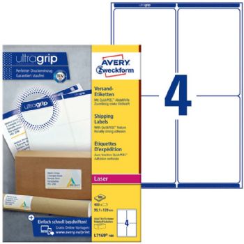 Avery Ultragrip etiketter 139x99,1mm hvid 400stk