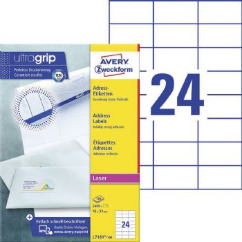 Avery Ultragrip etiketter 37x70mm hvid 2400stk