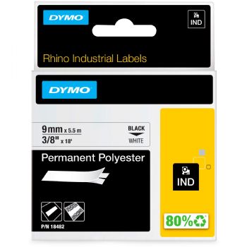 Dymo Rhino polyestertape 9mm sort/hvid