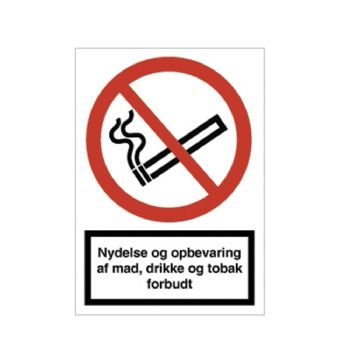 WhiteLabel Forbudsskilt A4 \'Nydelse og opbevaring af mad, drikke og tobak forbudt\' rød/hvid