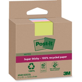 Post-it SS Recycled notesblok 76x76mm assorteret 3stk