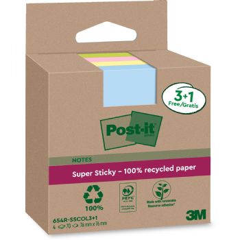 Post-it SS Recycled notesblok 76x76mm assorteret 4stk