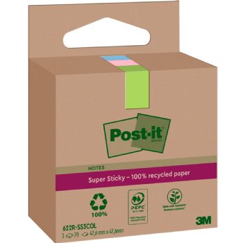 Post-it SS Recycled notesblok 47,6x47,6mm assorteret 3stk