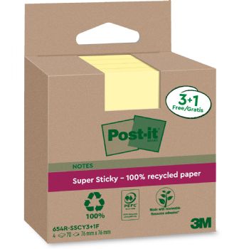 Post-it Super Sticky Recycled notesblok 76x76mm gul 4stk