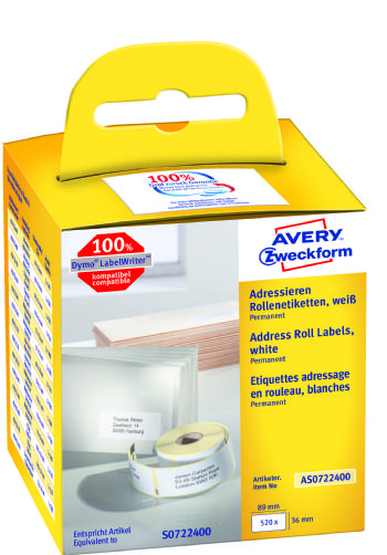 Avery adresseetiket på rulle 89x36mm (2x260)